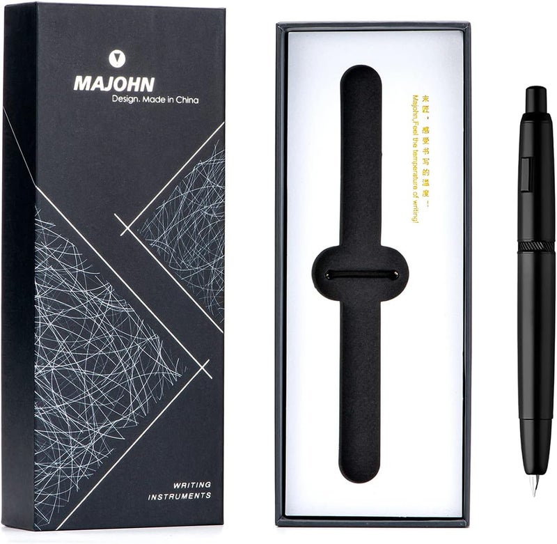 erofa Majohn A1 Press Fountain Pen with Box, Retractable Extra Fine Nib Metal Matte Black Ink Pen with Converter for Writing (No Clip Version) - Image 1